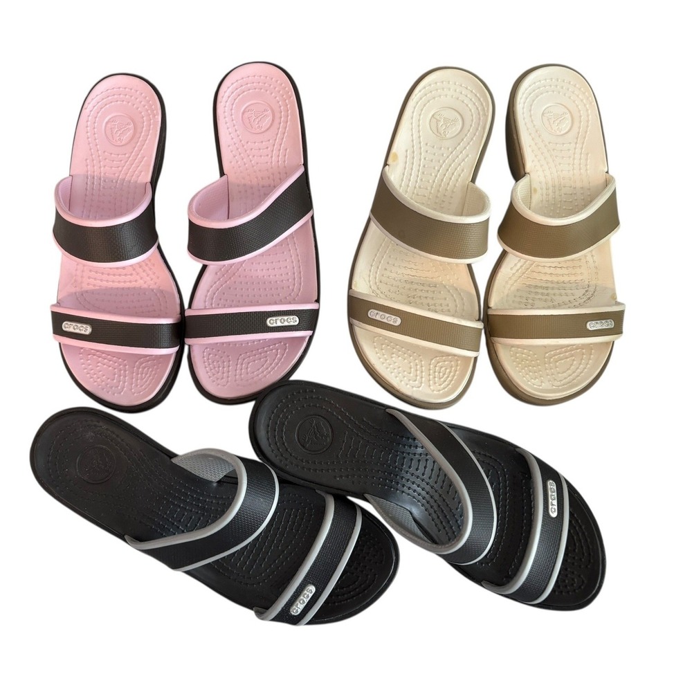 Crocs Cyprus Wedge Sandals Womens Size 4 Double Strap  Black Pink Tan Bundle